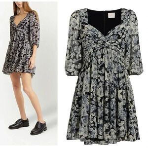 NWOT $395 Cinq a Sept Harlie Twisted Floral Tiered Mini Balloon Sleeve Dress